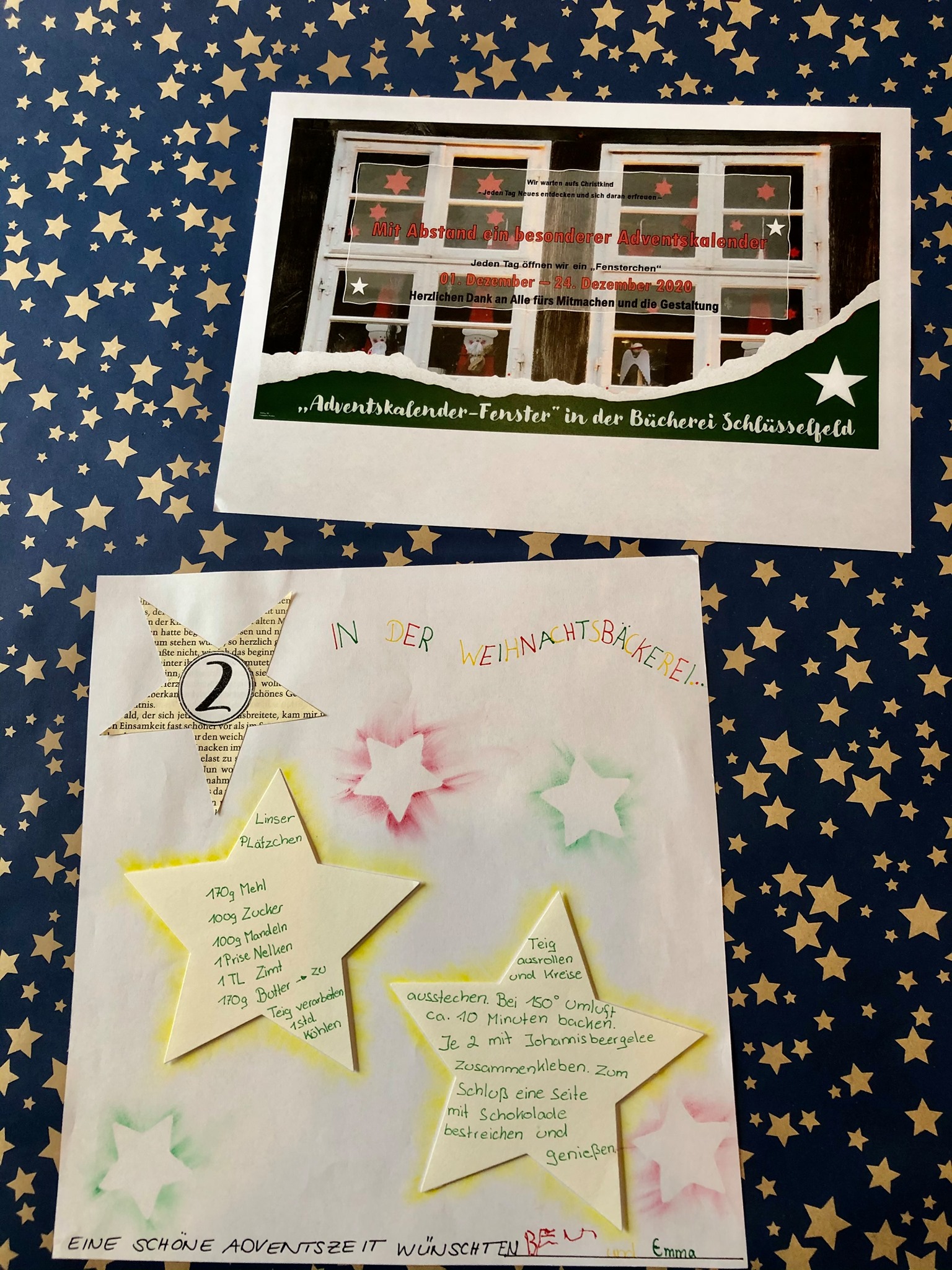 02. Dezember 2020
Heute wird gebacken - in der Weihnachtsbäckerei
Herzlichen Dank an Emma & Ben für das heutige Fenster. Adventsfenster